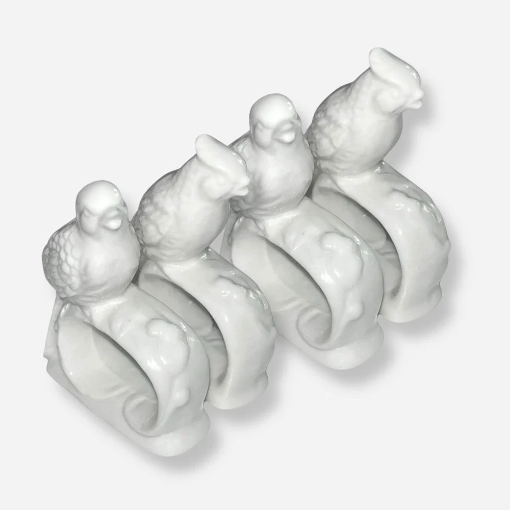 Vintage Ardalt‎ Napkin Ring Holders Birds Set 4 White Farmhouse Porcelain Japan